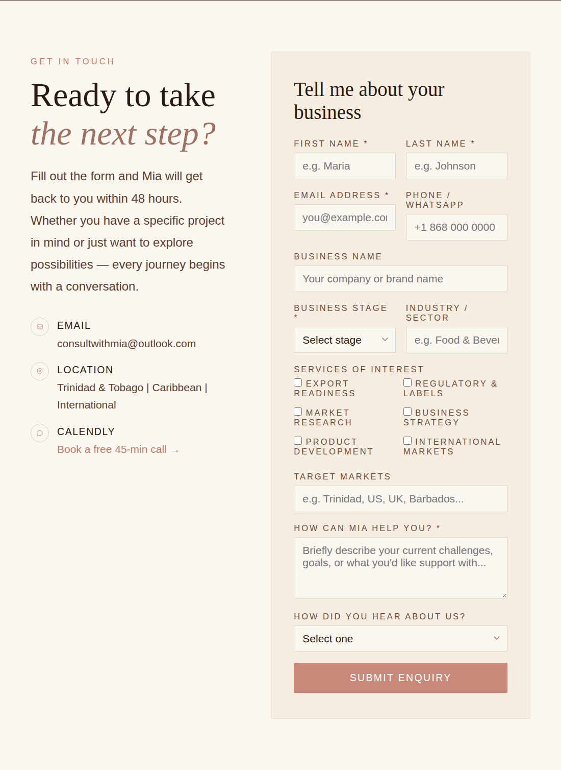 Consult With Mia structured client intake form